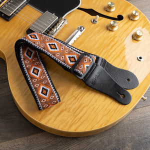 Vintage Woven Guitar Strap for Acoustic & Electric Guitars + 2 Free Rubber Strap Locks, 2 Free Guitar Picks & 1 Free Lace | '60s Jacquard Weave Hootenanny Style | Custom Navajo Pattern | Dine Adobe & Orange