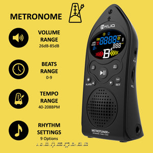 MetroTuner+, Metronome Tuner for All Instruments - with Chromatic Tuning Mode - Clock/Alarm - USB Rechargeable, Black
