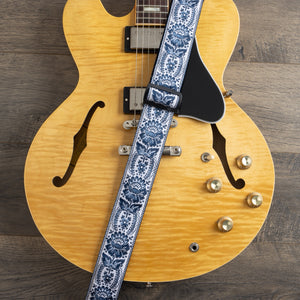 Vintage Woven Guitar Strap for Acoustic & Electric Guitars + 2 Free Rubber Strap Locks, 2 Free Guitar Picks & 1 Free Lace | '60s Jacquard Weave Hootenanny Style | Blue & White Sunburst Flower