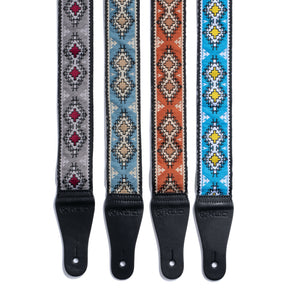 Vintage Woven Guitar Strap for Acoustic & Electric Guitars + 2 Free Rubber Strap Locks, 2 Free Guitar Picks & 1 Free Lace | '60s Jacquard Weave Hootenanny Style | First Nation Blue/Tan