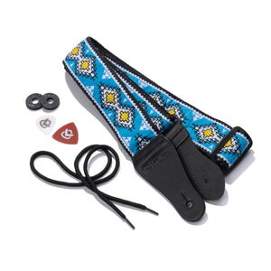 Vintage Woven Guitar Strap for Acoustic & Electric Guitars + 2 Free Rubber Strap Locks, 2 Free Guitar Picks & 1 Free Lace | '60s Jacquard Weave Hootenanny Style | First Nation Sky Blue & Yellow