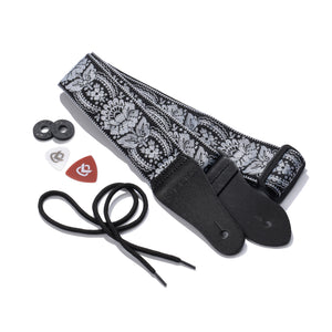 Vintage Woven Guitar Strap for Acoustic & Electric Guitars + 2 Free Rubber Strap Locks, 2 Free Guitar Picks & 1 Free Lace | '60s Jacquard Weave Hootenanny Style | Black & Silver
