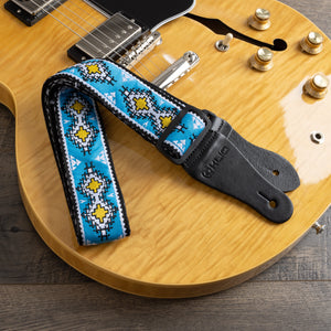 Vintage Woven Guitar Strap for Acoustic & Electric Guitars + 2 Free Rubber Strap Locks, 2 Free Guitar Picks & 1 Free Lace | '60s Jacquard Weave Hootenanny Style | First Nation Sky Blue & Yellow