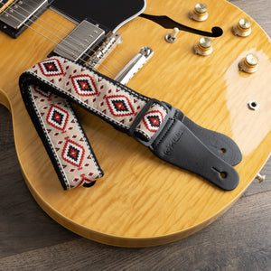 Vintage Woven Guitar Strap for Acoustic & Electric Guitars + 2 Free Rubber Strap Locks, 2 Free Guitar Picks & 1 Free Lace | '60s Jacquard Weave Hootenanny Style | Custom Navajo Pattern | Dine Sand & Burgundy