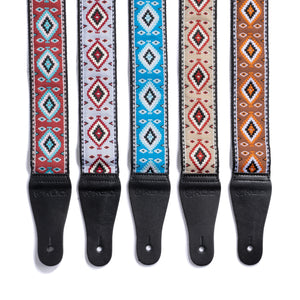 Vintage Woven Guitar Strap for Acoustic & Electric Guitars + 2 Free Rubber Strap Locks, 2 Free Guitar Picks & 1 Free Lace | '60s Jacquard Weave Hootenanny Style | Custom Navajo Pattern | Dine Sand & Burgundy