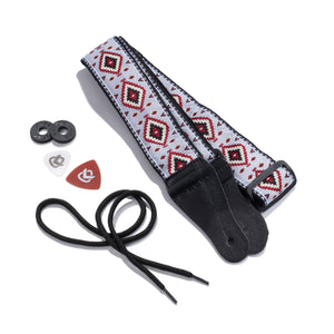Vintage Woven Guitar Strap for Acoustic & Electric Guitars + 2 Free Rubber Strap Locks, 2 Free Guitar Picks & 1 Free Lace | '60s Jacquard Weave Hootenanny Style | Custom Navajo Pattern | Dine Gray & Burgundy