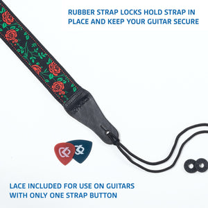 Vintage Woven Guitar Strap for Acoustic and Electric Guitars with 2 Rubber Strap Locks, Red Rose