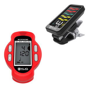 Bundle - KLIQ ProTuner - Professional Clip-On Tuner for All Instruments (with flat tuning) and KLIQ MicroNome - USB Rechargeable Digital Clip-On Metronome, (Red)