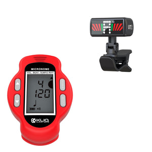 Bundle - KLIQ Ultra-TinyTuner (UT2), Micro Clip-On Tuner and KLIQ MicroNome - USB Rechargeable Digital Clip-On Metronome, (Red)