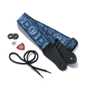 Vintage Woven Guitar Strap for Acoustic & Electric Guitars + 2 Free Rubber Strap Locks, 2 Free Guitar Picks & 1 Free Lace | '60s Jacquard Weave Hootenanny Style | Navy & Blue Sunburst Flower