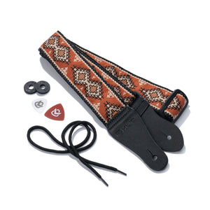 Vintage Woven Guitar Strap for Acoustic & Electric Guitars + 2 Free Rubber Strap Locks, 2 Free Guitar Picks & 1 Free Lace | '60s Jacquard Weave Hootenanny Style | First Nation Sienna/Tan
