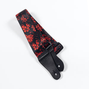 Vintage Woven Guitar Strap for Acoustic and Electric Guitars with 2 Rubber Strap Locks, Red Flowers