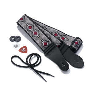 Vintage Woven Guitar Strap for Acoustic and Electric Guitars + 2 Free Rubber Strap Locks, 2 Free Guitar Picks and 1 Free Lace | '60s Jacquard Weave Hootenanny Style | First Nation Gray/Burgundy