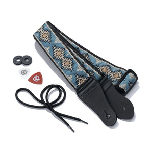 Vintage Woven Guitar Strap for Acoustic & Electric Guitars + 2 Free Rubber Strap Locks, 2 Free Guitar Picks & 1 Free Lace | '60s Jacquard Weave Hootenanny Style | First Nation Blue/Tan