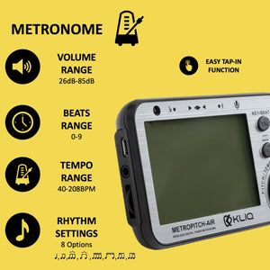 MetroPitch-Air - Rechargeable Digital Metronome Tuner For All Instruments (with Wireless Clip), Pewter Grey