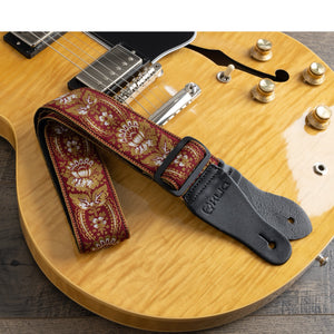 Vintage Woven Guitar Strap for Acoustic & Electric Guitars + 2 Free Rubber Strap Locks, 2 Free Guitar Picks & 1 Free Lace | '60s Jacquard Weave Hootenanny Style | Crimson & Gold Sunburst Flower