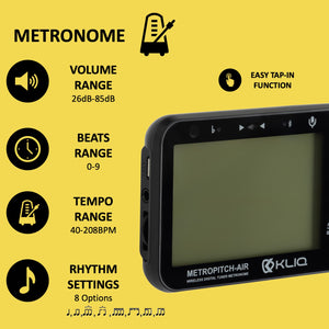 MetroPitch-Air - Rechargeable Digital Metronome Tuner For All Instruments (with Wireless Clip), BLACK