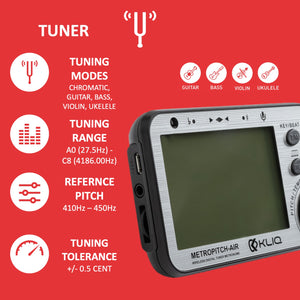 MetroPitch-Air - Rechargeable Digital Metronome Tuner For All Instruments (with Wireless Clip), Pewter Grey