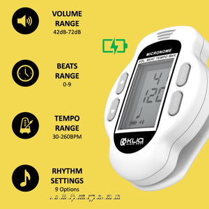 Bundle - KLIQ Ultra-TinyTuner (UT2), Micro Clip-On Tuner and KLIQ MicroNome - USB Rechargeable Digital Clip-On Metronome, (White)