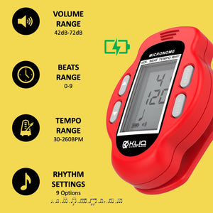 Bundle - KLIQ Ultra-TinyTuner (UT2), Micro Clip-On Tuner and KLIQ MicroNome - USB Rechargeable Digital Clip-On Metronome, (Red)