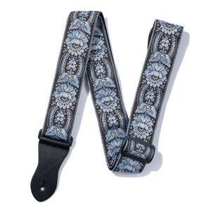 Vintage Woven Guitar Strap for Acoustic & Electric Guitars + 2 Free Rubber Strap Locks, 2 Free Guitar Picks & 1 Free Lace | '60s Jacquard Weave Hootenanny Style | Coffee & Blue Sunburst Flower