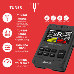 MetroPitch-PRO- Digital Metronome Tuner For All Instruments with wired sensor Included, Black