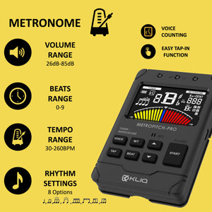 MetroPitch-PRO- Digital Metronome Tuner For All Instruments with wired sensor Included, Black